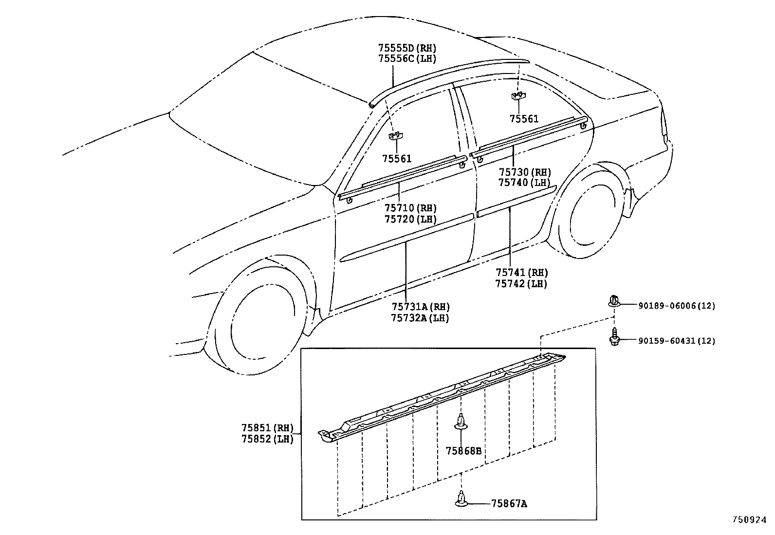 Молдинг боковой правый для Тойота Камри 2001-2006