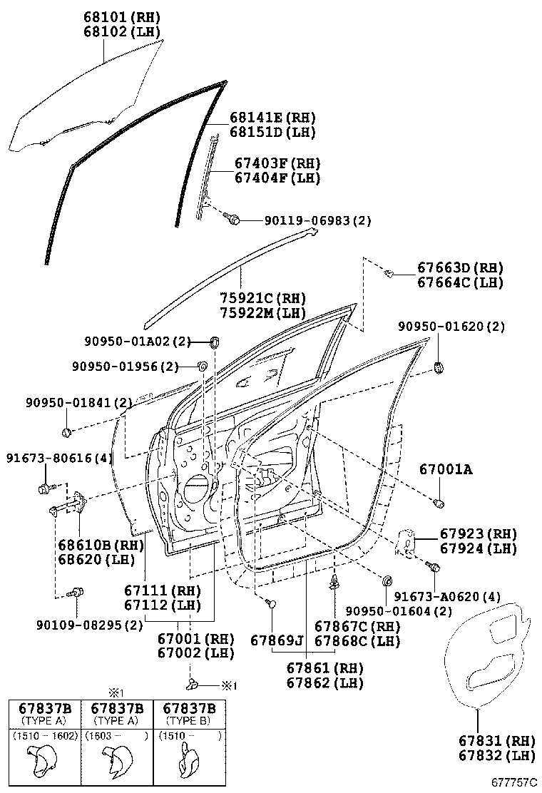 Стекло передней правой двери для Тойота Рав 4 2012-2015
