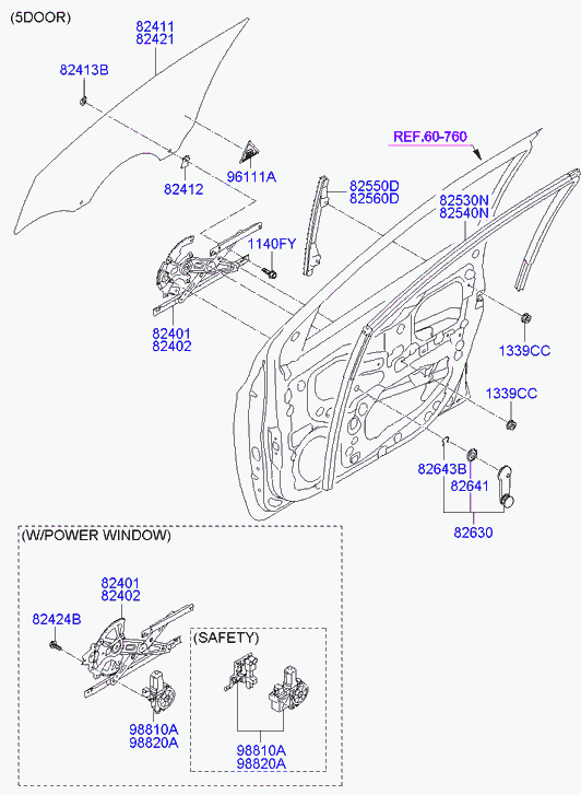 Стекло передней правой двери для Хендай i20 2008-2012