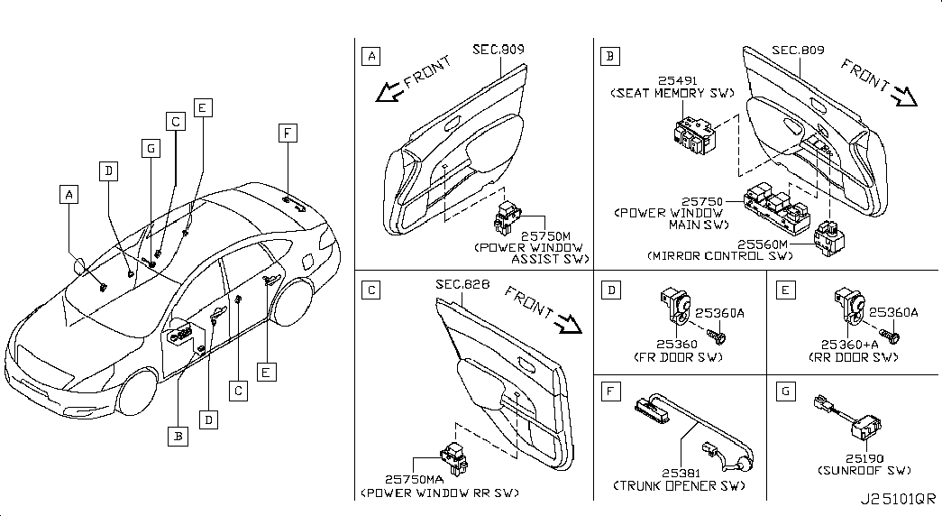 Кнопки стеклоподъёмников водительской двери для Ниссан Теана 2008-2011