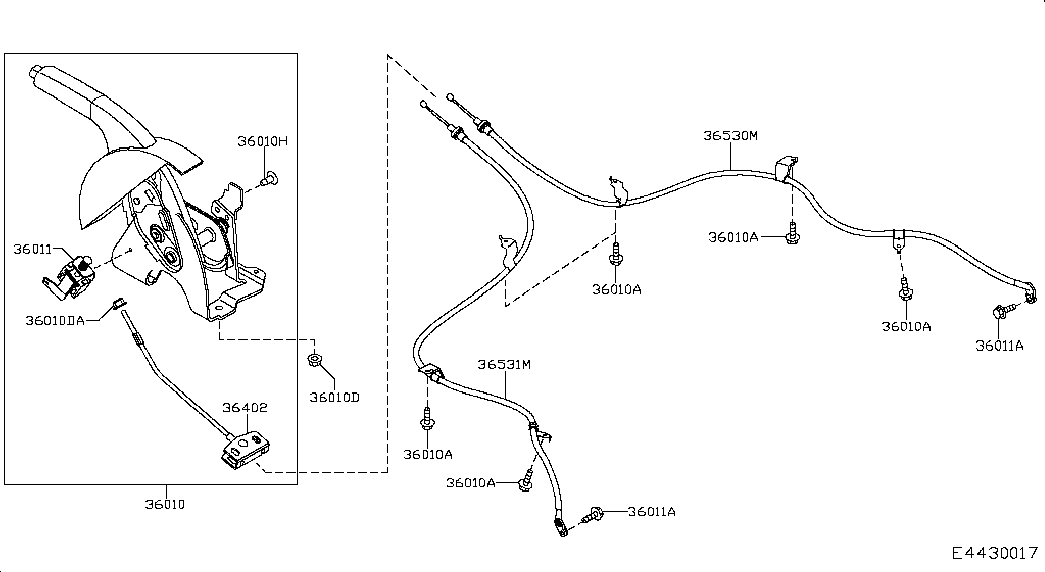 Трос правый стояночного, ручного тормоза для Ниссан Кашкай 2006-2010