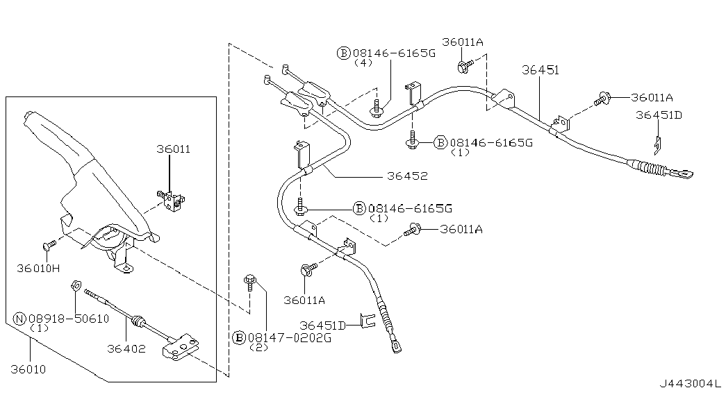 Трос правый стояночного, ручного тормоза для Ниссан Альмира 2000-2003