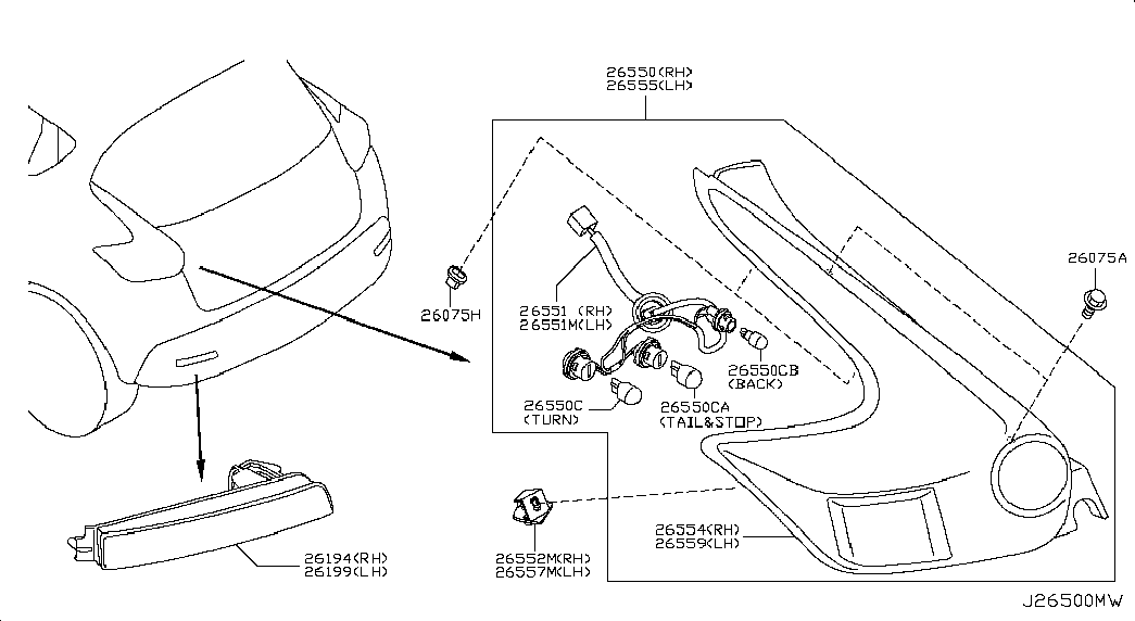 Фонарь задний правый на крыле для Nissan Juke 2010-2014