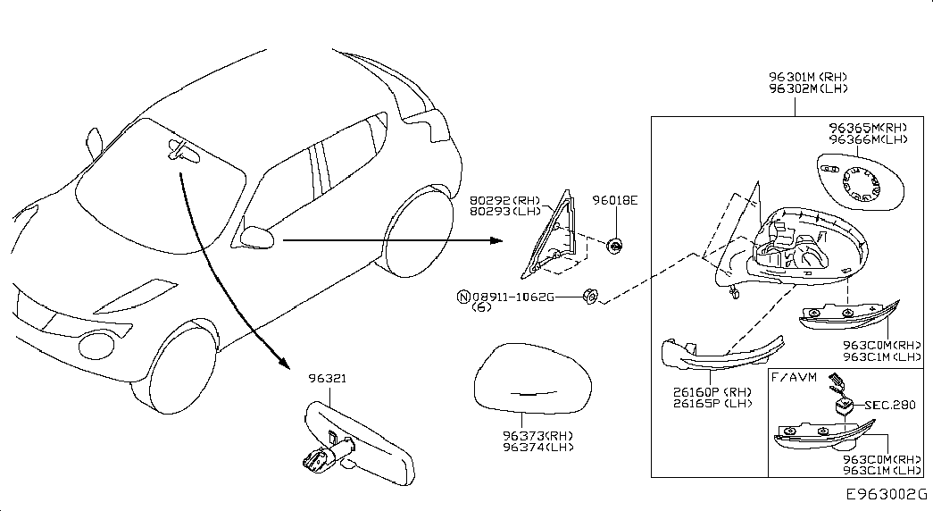 Зеркало боковое левое для Nissan Juke 2014-2018