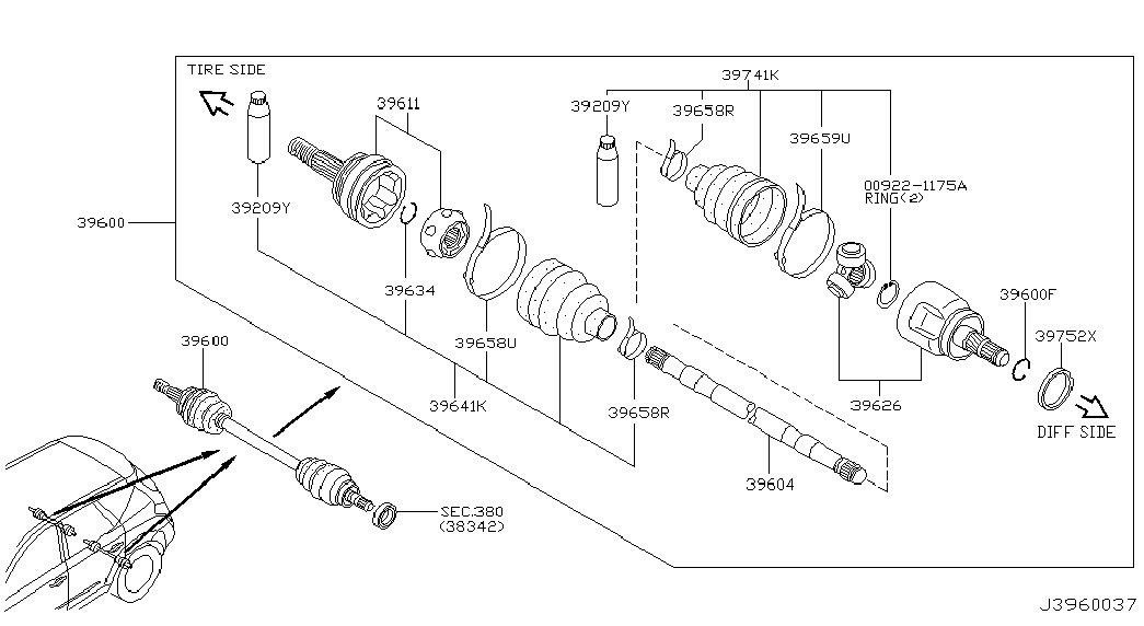 Шрус внутренний задний правый для Ниссан Мурано 2002-2008