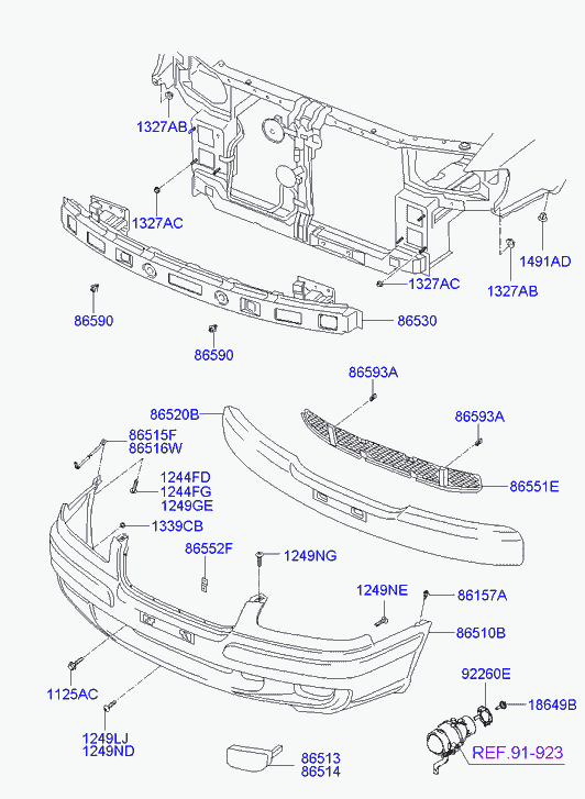 Усилитель переднего бампера для Хендай Траджет 2004-2008