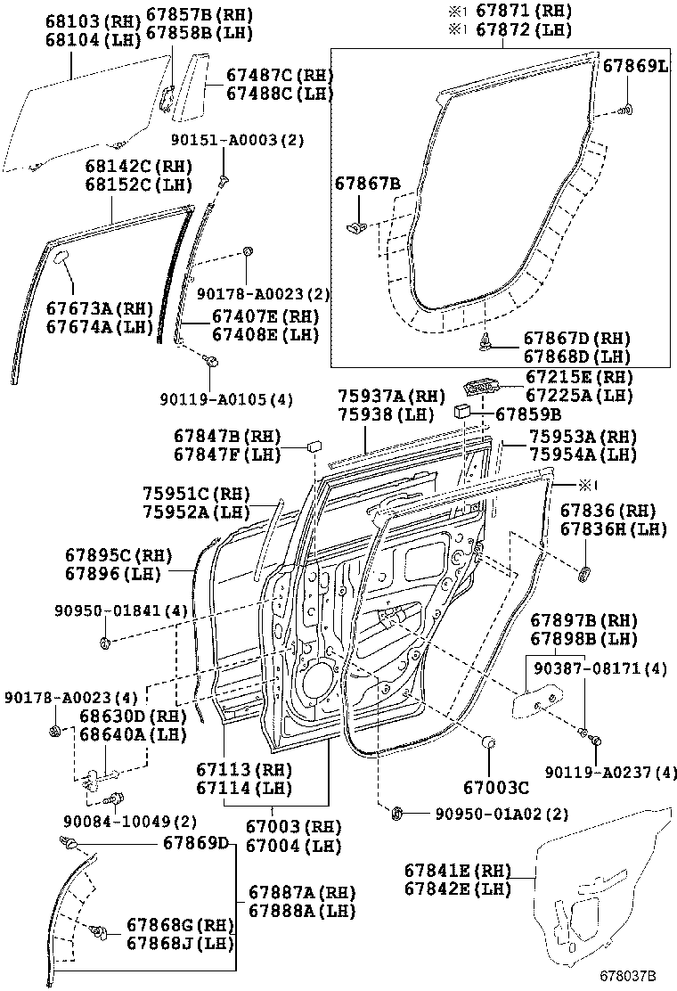 Стекло задней правой двери для Тойота Хайлендер 2013-2016