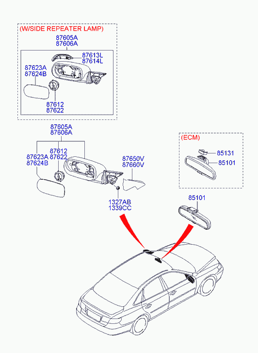 Зеркало боковое правое для Хендай Грандер 2005-2009