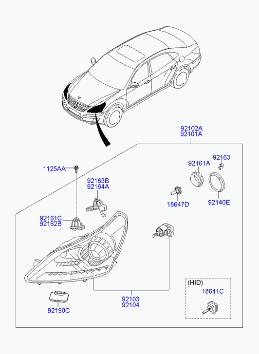 Фара правая в сборе для Хендай Экус 2009-2013