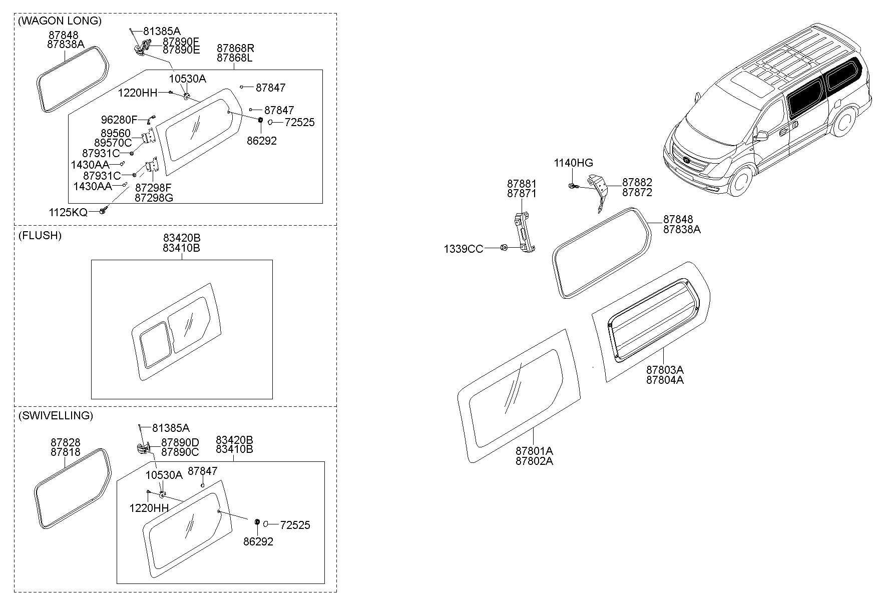 Стекло задней правой двери для Хендай Н-1 2004-2007