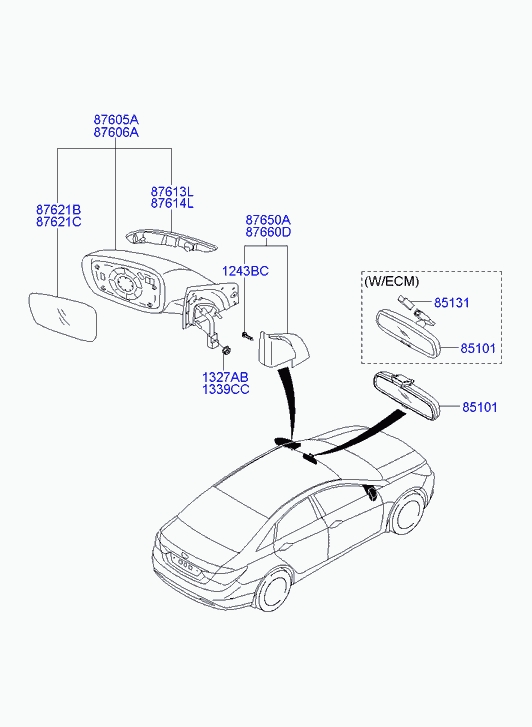 Зеркало боковое правое для Хендай Соната 2009-2014