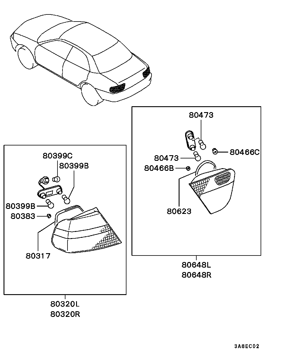 Фонарь задний левый на крыле для Мицубиси Каризма 1999-2003