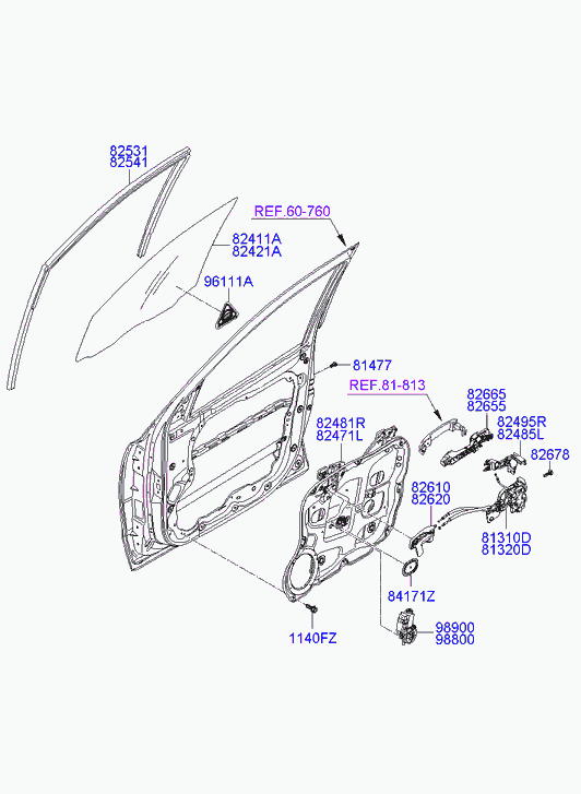 Стекло передней левой двери для Хендай Санта Фе 2010-2012