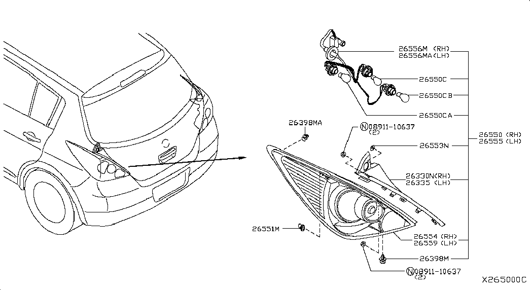 Фонарь задний левый на крыле для Ниссан Тиида 2010-2013