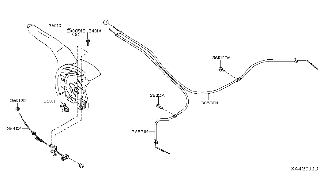 Трос левый стояночного, ручного тормоза для Ниссан Тиида 2010-2013