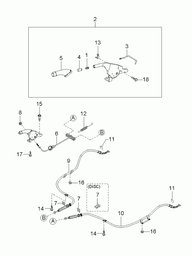 Трос левый стояночного, ручного тормоза для Киа Спектра 2004-2011